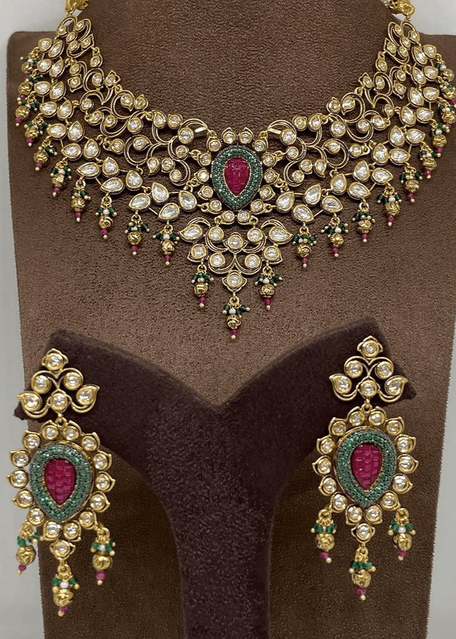 Sabyasachi inspired polki and ruby Jewellery set with matching earrings - MR Jewels